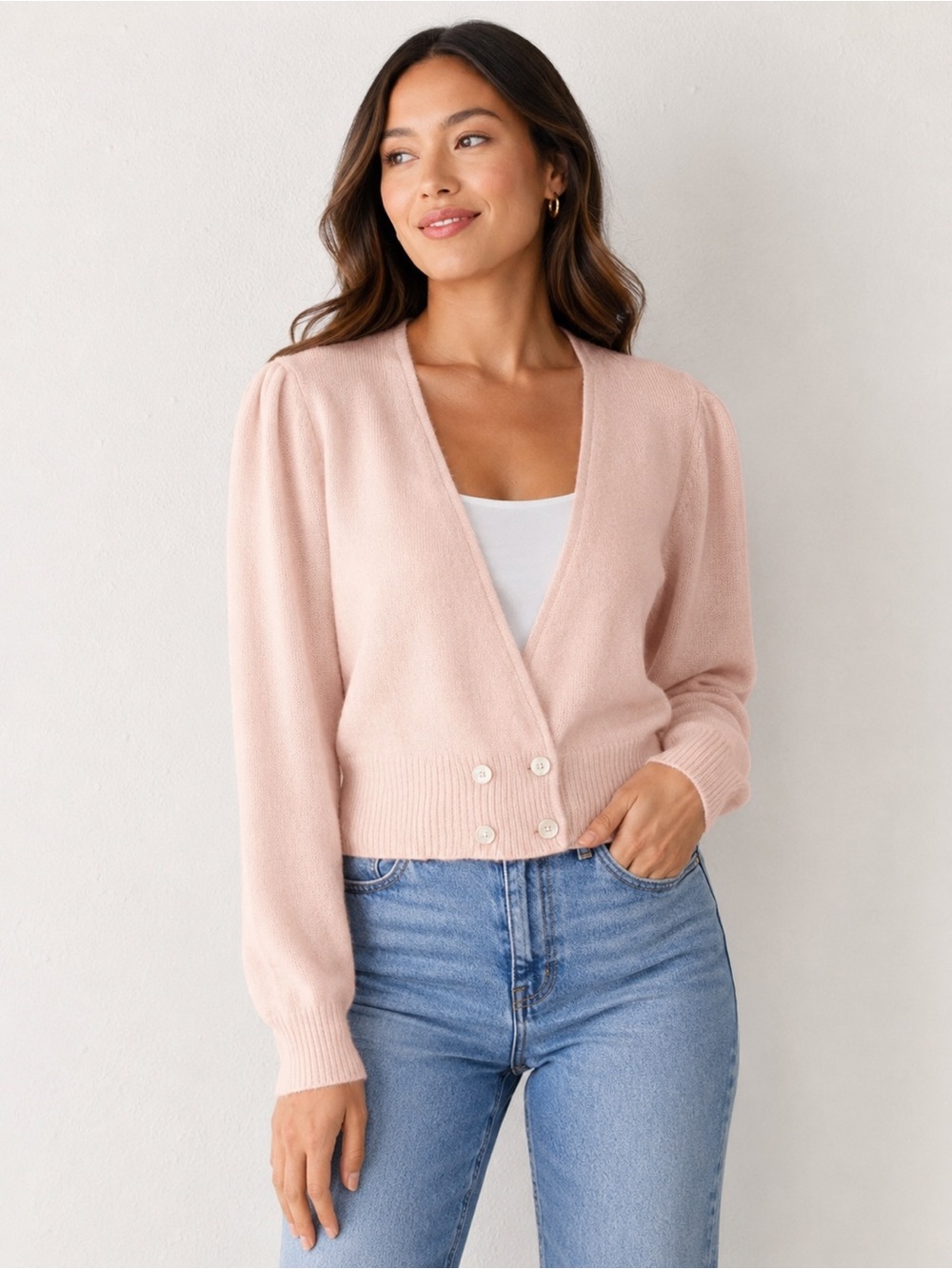 Valerie Stevens Lambswool Pale Pink V-Neck Double-Button Cropped Cardigan L